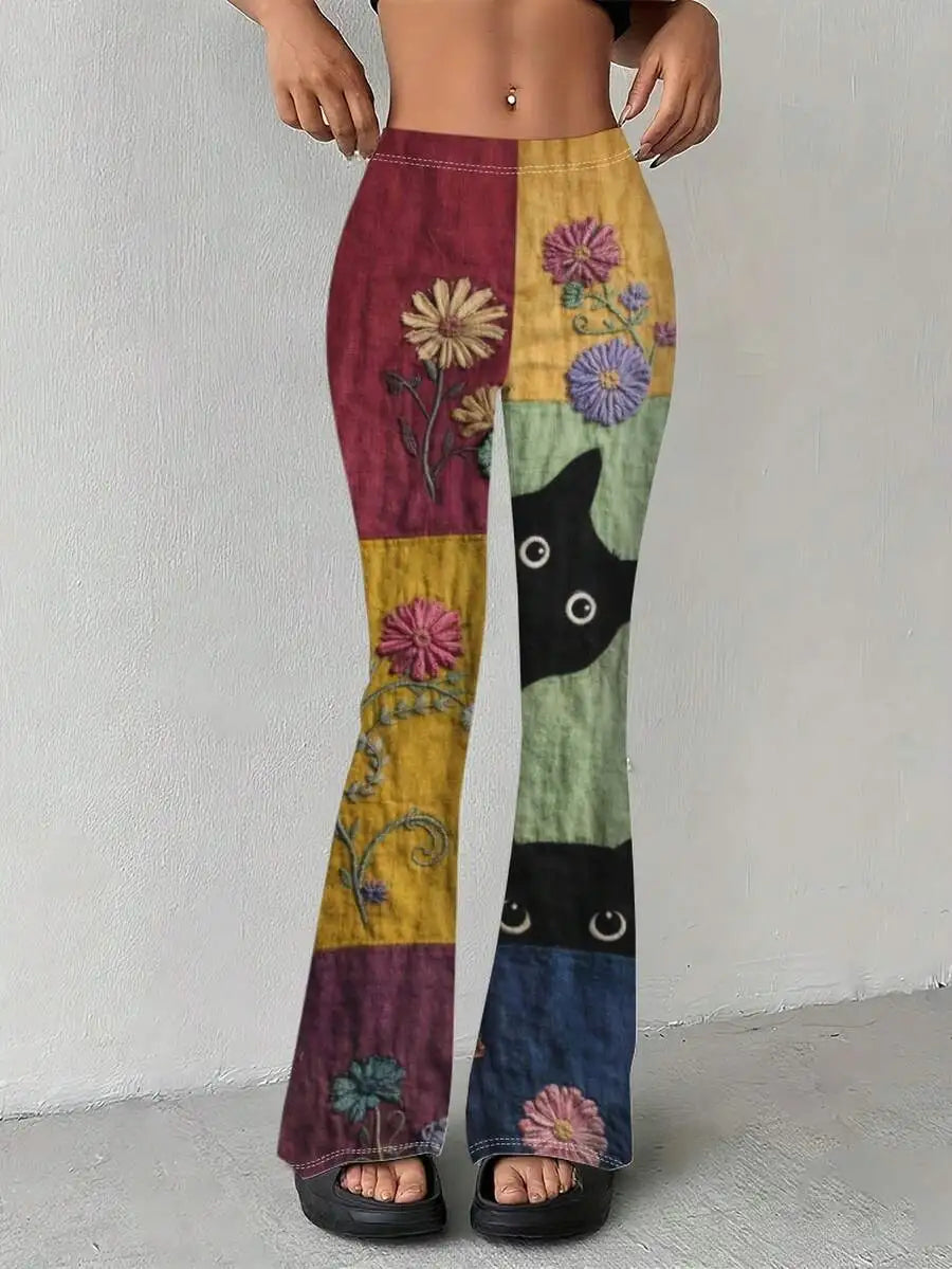 Women High-Waisted Wide-Leg Flared Pants With Floral And Cat Print Elastic Waist Casual Trousers