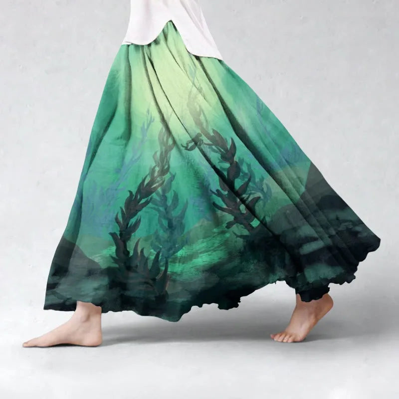 Fashion Plus Size Long Jupes Women's Vintage Watercolor Whale Floral Art Print Skirt 2026 New Casual Loose Swing Chic Bottoms